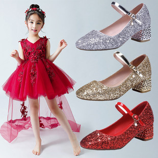 女童皮鞋儿童银色水晶鞋高跟鞋中大童模特走秀演出鞋小女孩礼服鞋