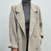 纯色加厚高端羊驼绒大衣女2023年秋冬季中长款羊毛双排扣外套