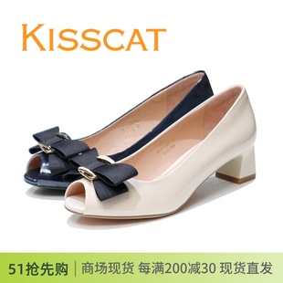 kisscat接吻猫2023粗跟鱼嘴蝴蝶结漆皮，女单鞋ka43108-10