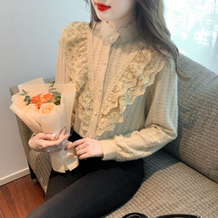 韩版甜美通勤ol春季立领，单排扣荷叶边拼接长袖蕾丝衫打底衫女