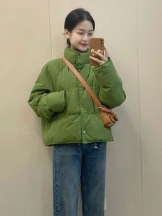 绿色立领短款羽绒棉服冬季女加厚2023年小个子韩系面包服外套