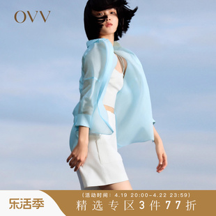 OVV春夏女装桑蚕丝醋酸雪纺绉分割设计轻薄透气短袖衬衫