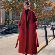 大红色羊绒毛呢外套女秋装，大码胖mm中长款韩系赫本风加厚呢子大衣