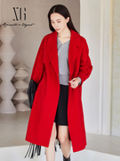 xg雪歌大红色双面，呢羊毛大衣女2023冬季休闲外套xi410402a513