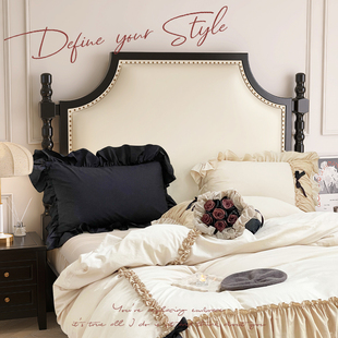 美式实木床黑色轻奢现代简约1.5米1.8双人床，法式复古婚床软包卧室