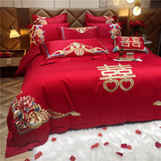 中式婚庆红色长绒棉，四件套豪华刺绣被套纯棉全棉，床单结婚床上用品