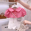 女童套装夏季2024时髦洋气娃娃领儿童泡泡袖T恤韩版两件套潮