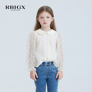 rbigx瑞比克童装，秋季娃娃领网纱拼接上衣女童甜美淑女小衫