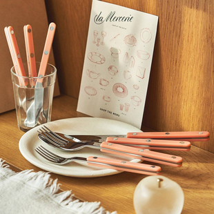 法国sbreparis蜜桃粉色专用牛排西餐叉勺，三件套不锈钢餐具套装
