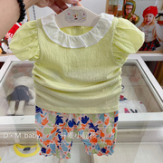 韩国专g童装21夏女宝宝淡黄色，短袖t恤碎花七分裤洋气套装f8