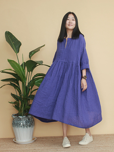 姜欢设计 文艺流浪感宽松又宽松的气质型大裙摆长袖连衣裙 紫色
