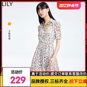 LILY2022夏女装浪漫水果印花不规则显瘦高腰短袖衬衫式连衣裙