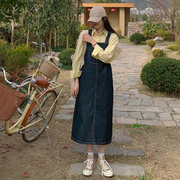 藏青色背带裙女复古韩版高腰，垂感2023年秋季中长款连衣裙