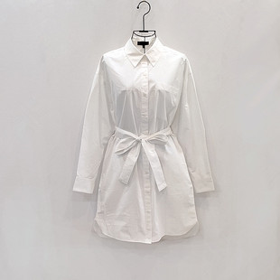 衬衫领中长款连衣裙女春秋季长袖，系带显瘦纯棉舒适白色长衬衫