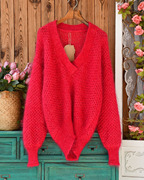 丝带混织慵懒甜美气质大v领秋冬温暖马海毛，纯色宽松套头毛衣玫红