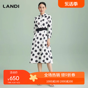 LANDI翻领波点印花通勤气质收腰衬衫连衣裙女2024年春季