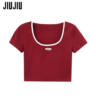 jiujiu美式复古方领t恤女短袖，夏季2023年设计感小众短款上衣