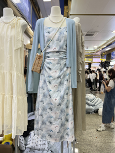 韩版十三行夏季气质淑女减龄蝴蝶结印花吊带连衣裙+针织开衫套装