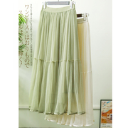 夏季绿色裙子百褶纱裙，气质仙女超仙森系网纱收腰显瘦半身裙