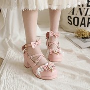 2023日系甜美少女lolita单鞋女洛丽塔粗跟蝴蝶结串珠高跟鞋仙女鞋