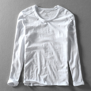 夏季竹节棉长袖t恤男士圆领，纯棉宽松日系，体恤水洗白色柔软打底衫