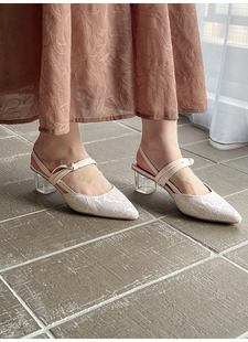 日系名媛风甜美蕾丝包头蝴蝶结透明水晶跟高跟复古优雅气质女拖鞋