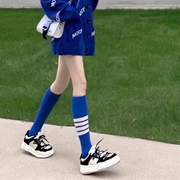 蓝色学院风小腿袜女运动jk袜，不对称ab款棉袜，美瘦腿长袜秋季中筒袜