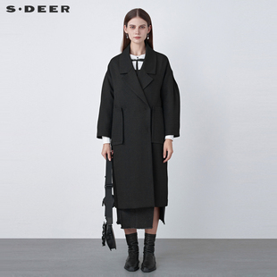 sdeer圣迪奥女装西装领大口袋茧型长款风衣大衣S22161803