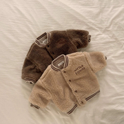 韩版ins加绒加厚棒球外套羊羔绒长袖上衣儿童保暖秋冬男女宝宝童