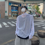 韩国男装闷骚透视网眼堆积高领，纯色针织罩衫防晒宽松长袖t恤