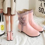 韩版2021秋冬短靴蝴蝶结小女孩，低跟中学生甜美粉色，女靴子