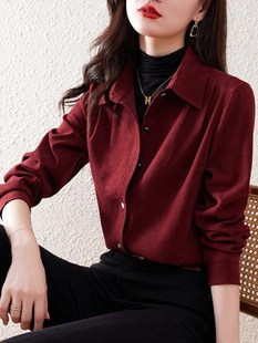 酒红色磨毛衬衫，女2023秋冬复古港风叠穿上衣，加厚打底长袖衬衣
