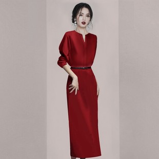 知性ol气质显瘦长裙，高级感2024年春装女装，红色系带收腰连衣裙