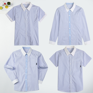 中小学生校服衬衫长袖纯棉英伦，风儿童女童男童蓝白条纹，短袖衬衣夏