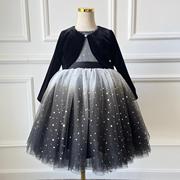 女童钢琴礼服秋冬黑色丝绒外套表演黑白渐变星空公主裙星星亮片裙