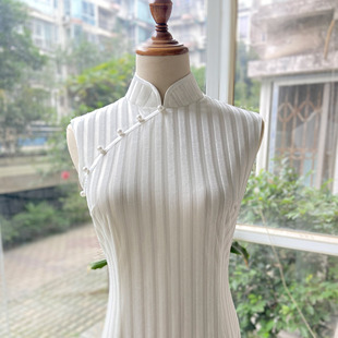 JULEE定制白色条纹弹力丝绒修身改良复古日常可穿长款旗袍