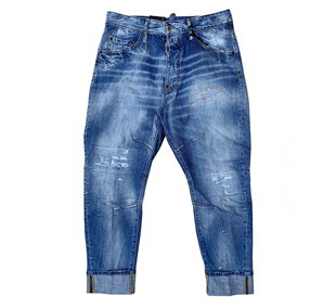 DSQUARED2男士牛仔裤COMBAT蓝色补丁宽松锥形纯棉长裤意大利产