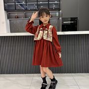 女童中国风连衣裙2024春秋款，学院风假两件套装洋气女亲子装