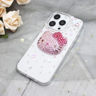 适用于iPhone15pro max苹果14plus手机壳HelloKitty凯特猫女12水钻立体kt手工贴钻气囊支架13闪钻石透明粉色