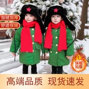 男童军绿色大衣，加棉加厚保暖中长款外套儿童冬装，加厚宝宝冬季棉衣