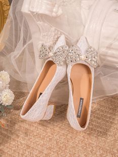 2024秋香槟色水晶鞋婚鞋禾秀婚纱，两穿白色中跟伴娘，鞋孕妇可穿