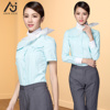 职业装衬衫女短袖高领，衬衣大韩空姐，制服物业管理销售工作服浅蓝色
