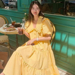 韩国chic夏季温柔柠檬黄木耳边娃娃，领拼接层次感大摆型连衣裙女