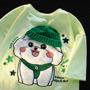 jwneed联名卡通潮牌情侣宽松t恤女夏季小众，设计可爱绿色短袖上衣