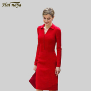 高端职业连衣裙春秋气质收腰红色毛料长袖，显瘦包臀打底裙女