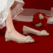归艺水晶平底婚鞋女禾秀婚纱，两穿新娘鞋孕妇，金色亮片方头婚礼单鞋