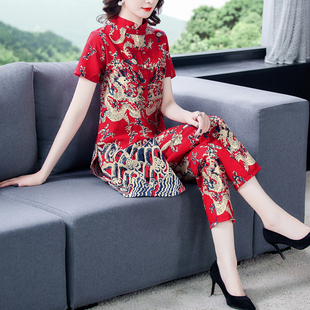 夏季新中式国风民族风棉麻时尚休闲套装洋气唐装中老年妈妈两件套