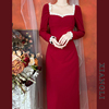 巷里法式复古红色连衣裙春秋方领蕾丝长袖新中式修身显瘦礼服长裙