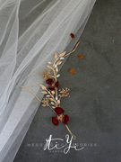 森系流苏新娘结婚红色，花朵蔓藤金叶发饰中式敬酒服礼服配饰品