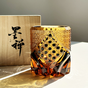 日式江户切子手工玻璃杯复古高端威士忌酒杯黑武士个性雕花琥珀杯